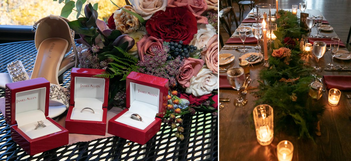 A table with flowers and two rings on it