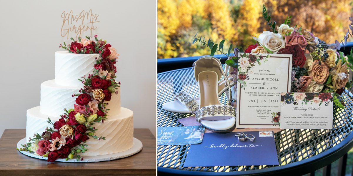 A white cake with flowers on top next to a table.