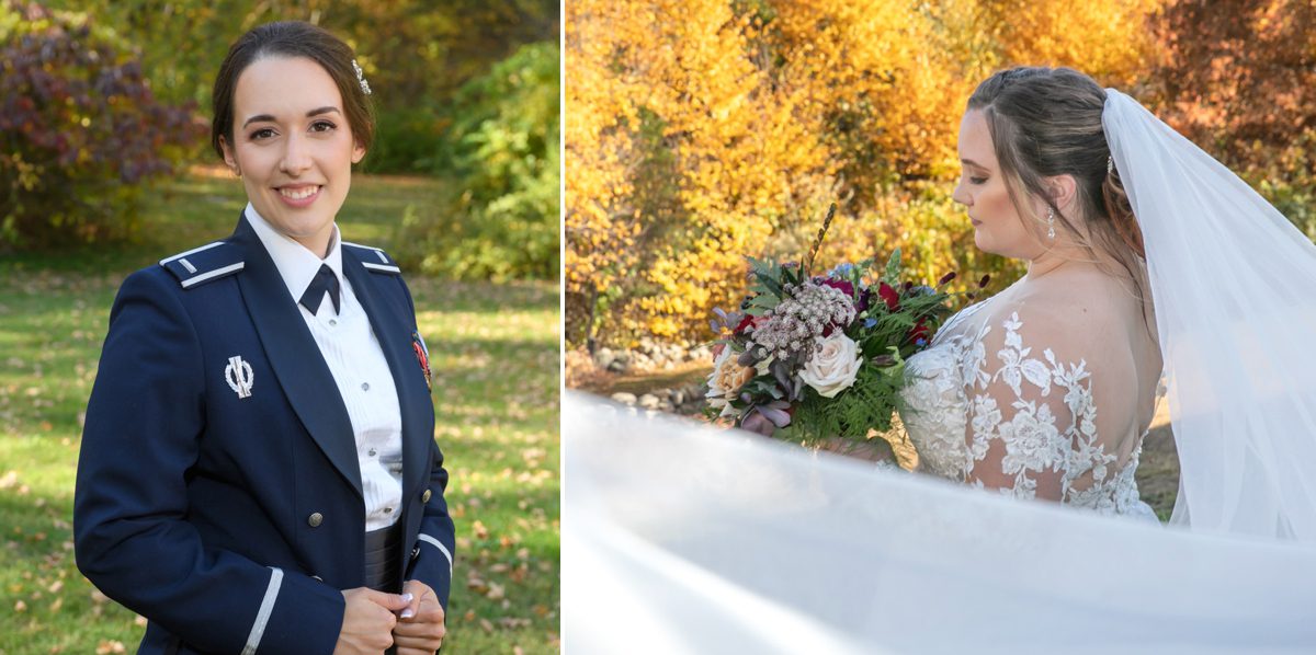 A woman in uniform and a bride.