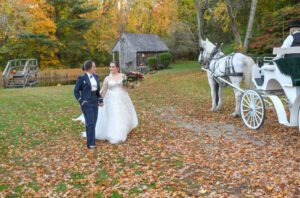 A couple walking in front of a horse drawn carriage.